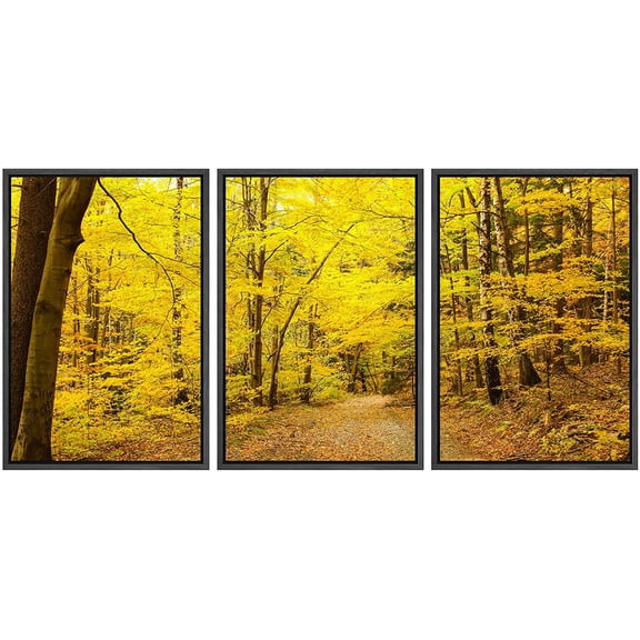 wall26 Framed Canvas Print Wall Art Set Autumn Fall Yellow Forest Tree Path Nature Wilderness Photography Realism Rustic Landscape Colorful Cool for Living Room, Bedroom, Office - 16"x24"x3