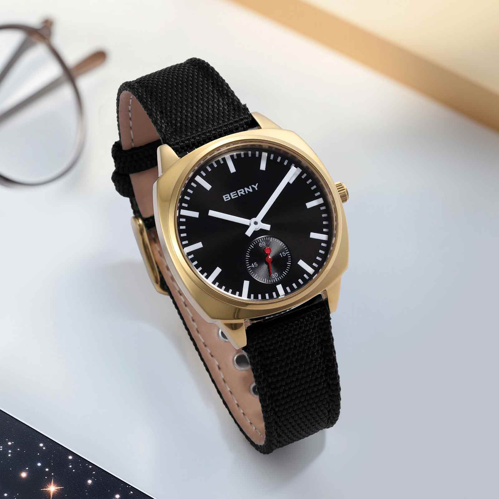 BERNY Gold Watch for Women, Casual Women Quartz Watch with Nylon Strap, Small Seconds Hand, Fashion Women's Wristwatch, Waterproof Classic Ladies Watch, Black