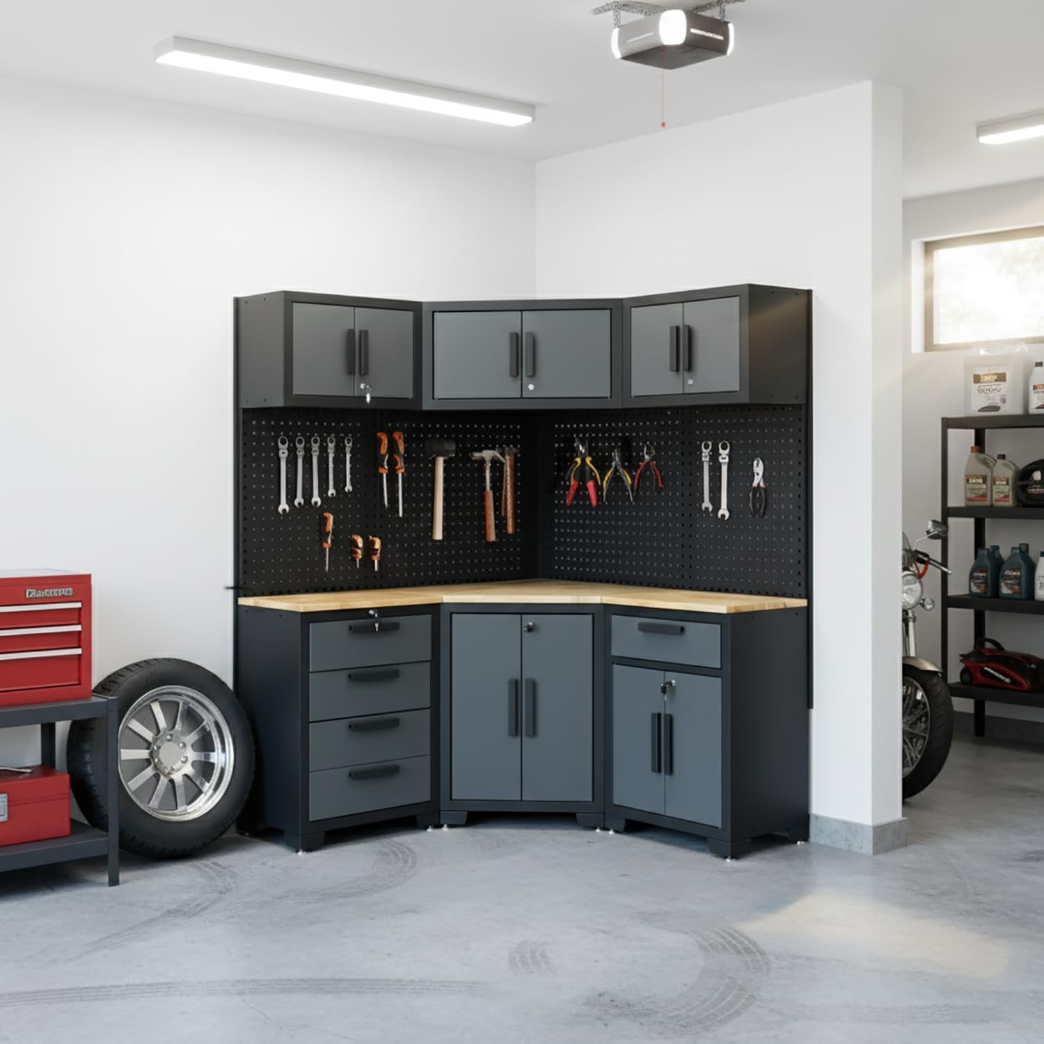 HPDMC Garage Storage Cabinet System 8-Pcs Garage Cabinets and Storage System Corner Workshop Set with Corner Cabinet, Cabinet Drawers, Workbench, Pegboard for Tool Organization, Black and Grey