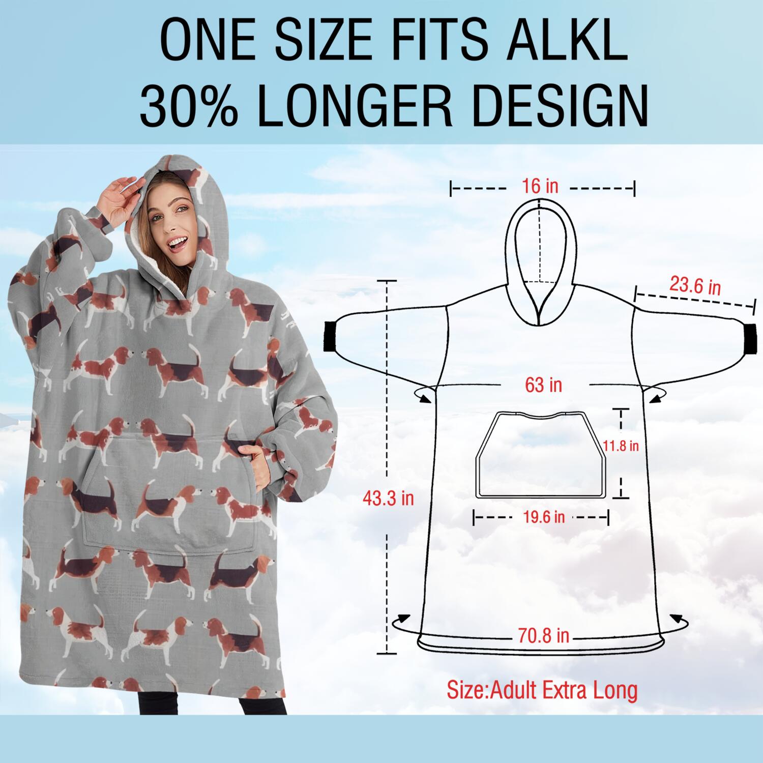 Oversized Wearable Blanket Hoodie,Animal Beagle Cute Dog Sherpa Blanket Hoodie with Super Pockets,Super Warm Fuzzy Pullover for Women & Men