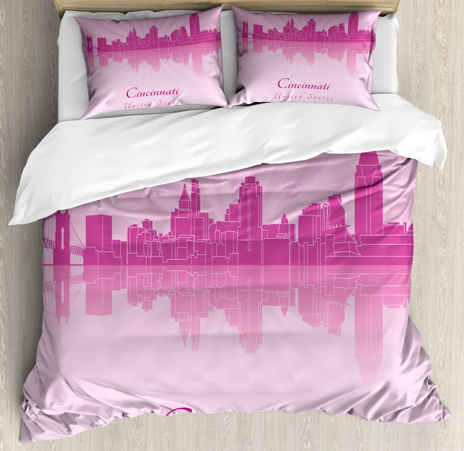 Cincinnati Duvet Cover Set Queen Size, Sun Rays in Pastel Tones Travel Visit Tourism Reflection, 3 Piece Bedding Set with 2 Pillow Shams, Pale Mauve Pale Fuchsia Baby Pink, by Ambesonne