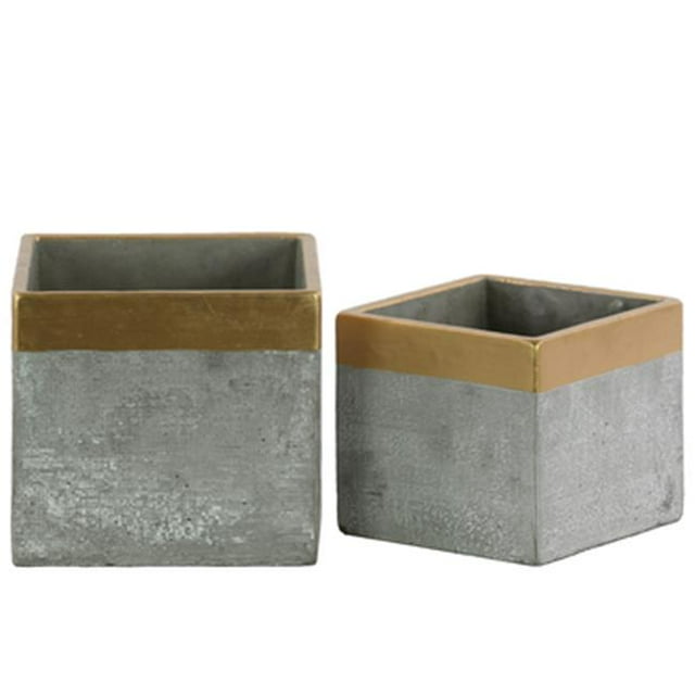 Cement Square Flower Pot with Gold Painted Banded Rim Top, Gray - Set of 2