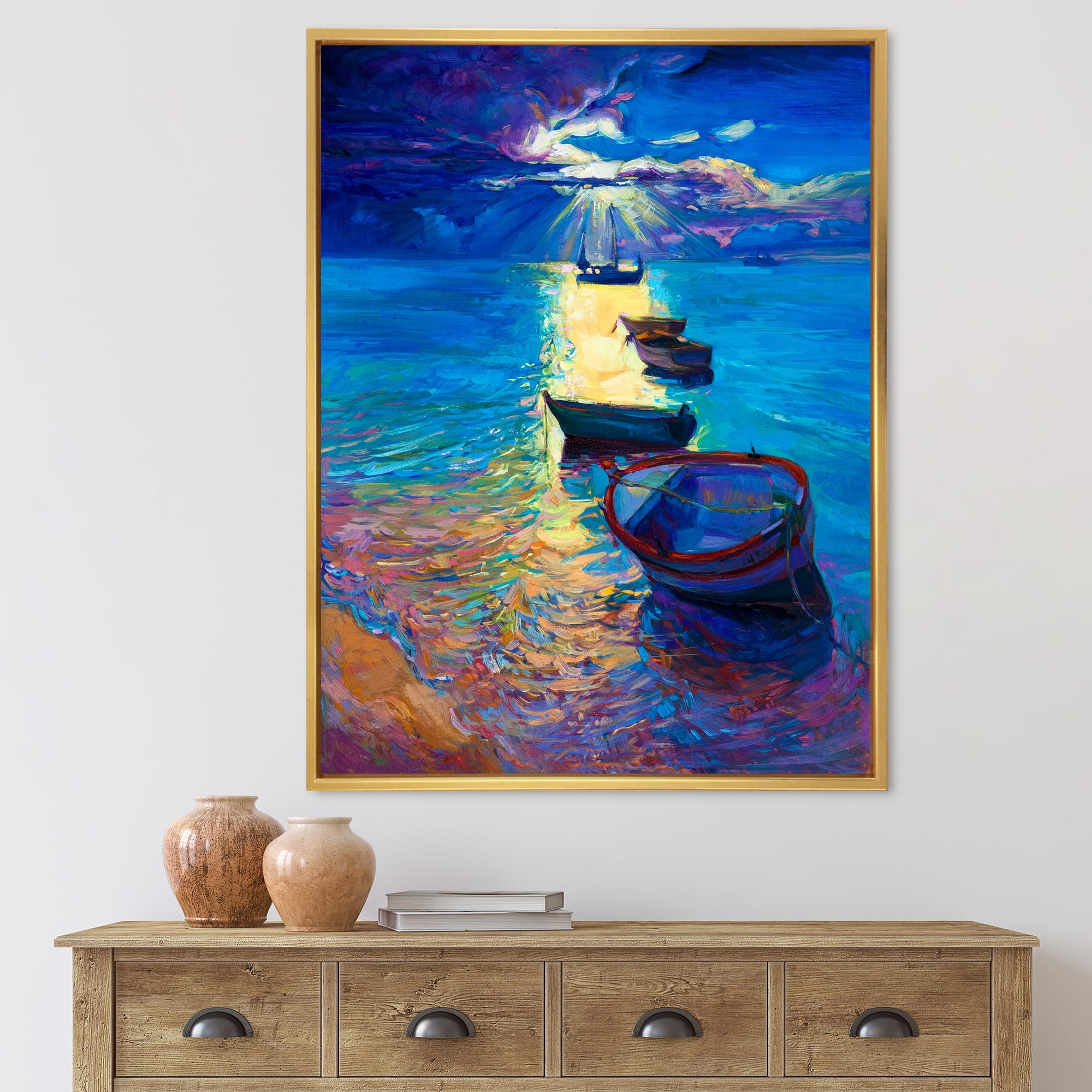 Designart 'Fishing Boats On The Water With Dark Blue Sky Illustration' Lake House Framed Canvas Wall Art Print