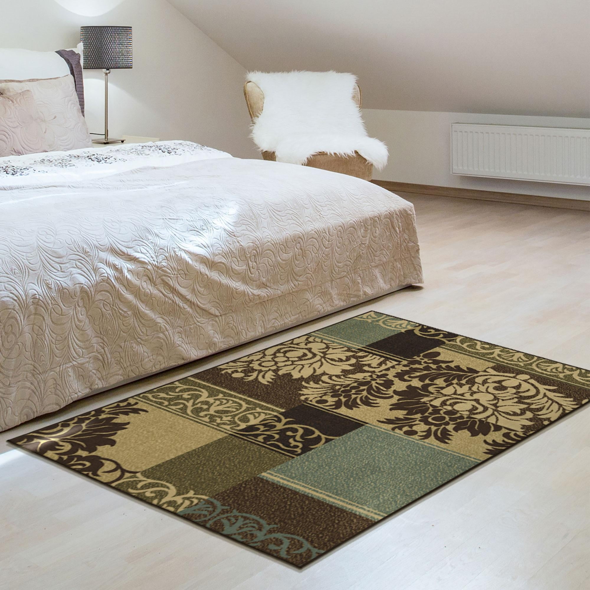 Ottomanson Non-Slip Area Rug for Living Room 5' x 6'6" Durable Low Profile Carpet, Brown/Green Damask