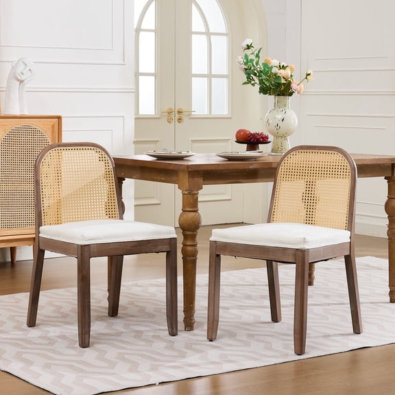 PAPROOS Dining Chairs Set of 2, Chenille Upholstered Kitchen Chairs with Curved Cane Back, Solid Wood Frame, Modern Farmhouse Rattan Dining Room Chairs for Kitchen, Living Room, Beige