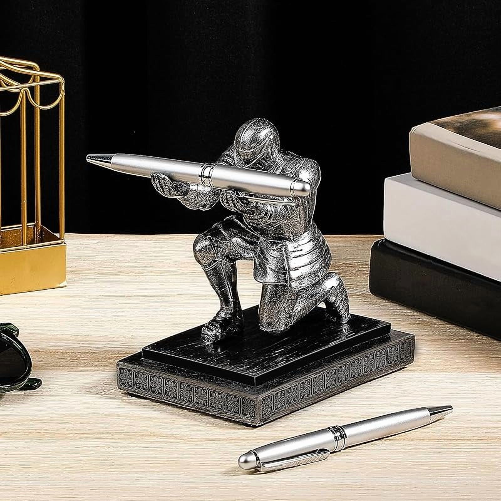 Knight Pen Holder with 2 Pens Resin Desk Organizers and Accessories Funny Executive Pen Stand Fancy Cool Office Gadgets Cool Desk Decorations for Men Home Supplies(Classic,Iron)