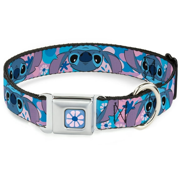 Disney Pet Collar, Dog Collar Metal Seatbelt Buckle, Lilo and Stitch Stitch Flip Expressions Close Up Blues Pinks, 9.5 to 13 Inches 1.0 Inch Wide