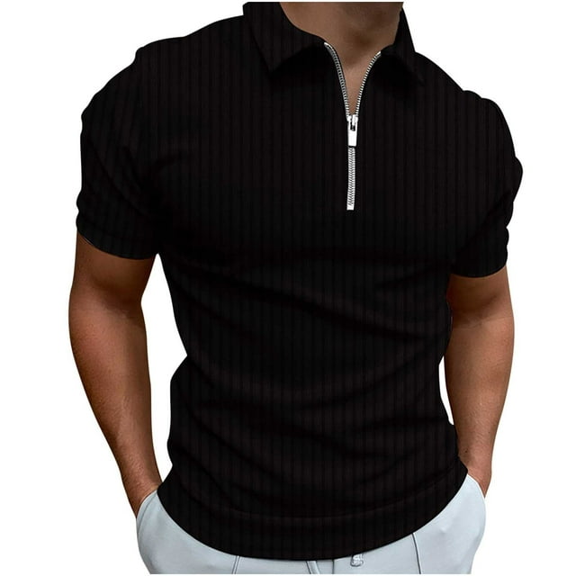 Hauts d'Été Chemises Noires pour Hommes Chemises Décontractées Unies Col Rabattu Chandail Rayé Haute Élasticité Manches Courtes Blouse Extensible Chemises Non Rentrées, Noir, TTG