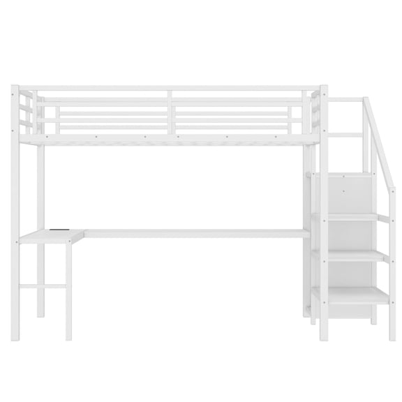 Twin XL Metal Loft Bed with L-Shaped Desk & USB Charging – High Loft Bed with Wardrobe, LED Lights, Adjustable Shelf & Storage Stairs for Kids, Teens & Adults, White