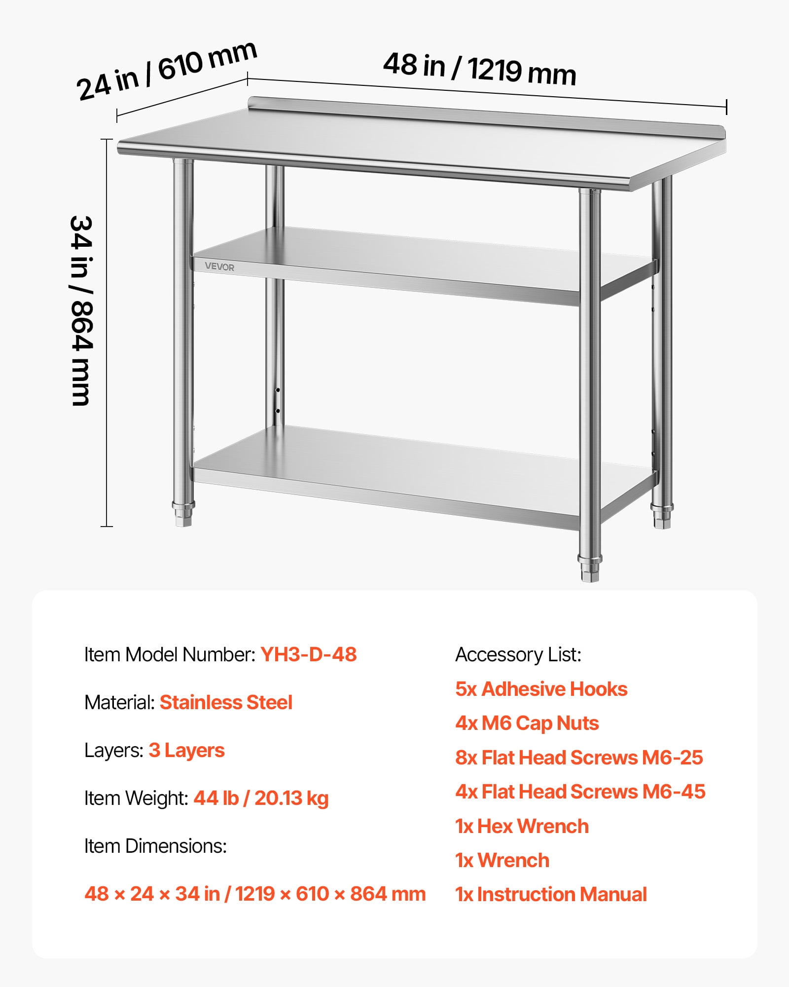 VEVOR Stainless Steel Work Table, 24x48 Inch Food Prep Table with 2 Shelves and Backsplash, Commercial Kitchen Workstation, Metal Heavy Duty Utility Worktable, for Restaurant Home Hotel Garage