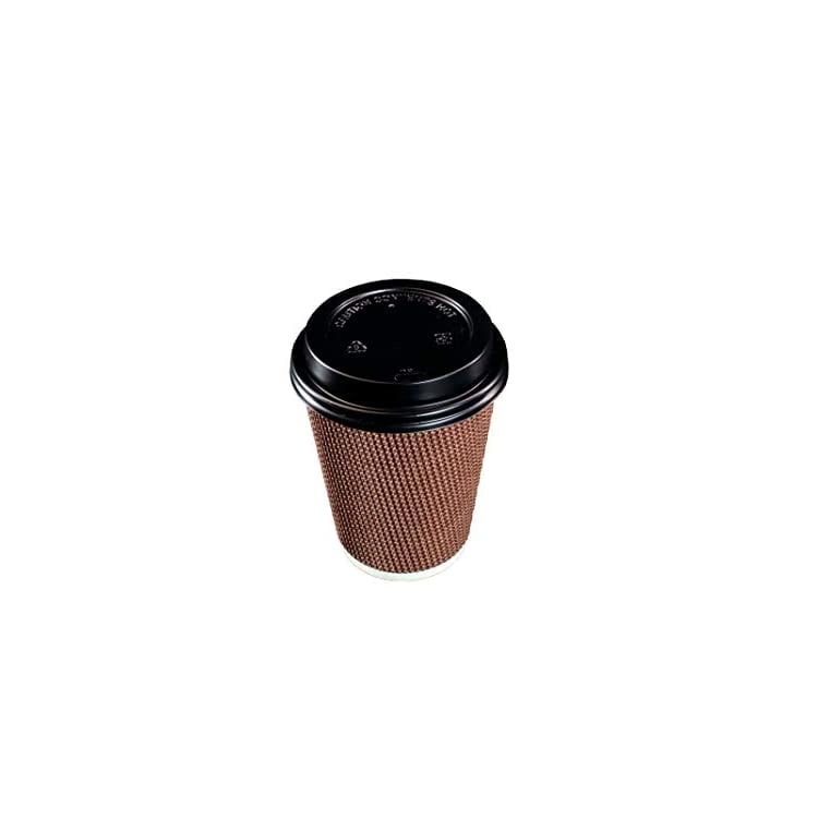 Photo 1 of 100 SETS 12 oz Disposable Double Walled Hot Cups with Lids - No Sleeves needed Premium Insulated Ripple Wall Hot Coffee Tea Chocolate Drinks Perfect Travel To Go Paper Cup and lid Brown Geometric