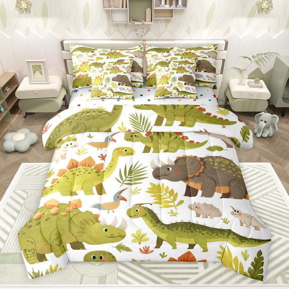Feelyou Cute Green Dinosaur Bedding Comforter Set 7 Pieces, Jungle Leaves Botanical Full Bedding Set, Kawaii Cartoon Animal Reversible Fitted Sheet Flat Sheet, Ultra Soft Bedroom Decor