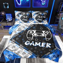 Homewish White Gamepads 7pcs Bedding Comforter Set For Children Teens Adults,Black Blue Gamer Queen Bedding Sets Super Cozy,Video Game Queen Sheet Sets,Luxury Bedroom Decor,Reversible