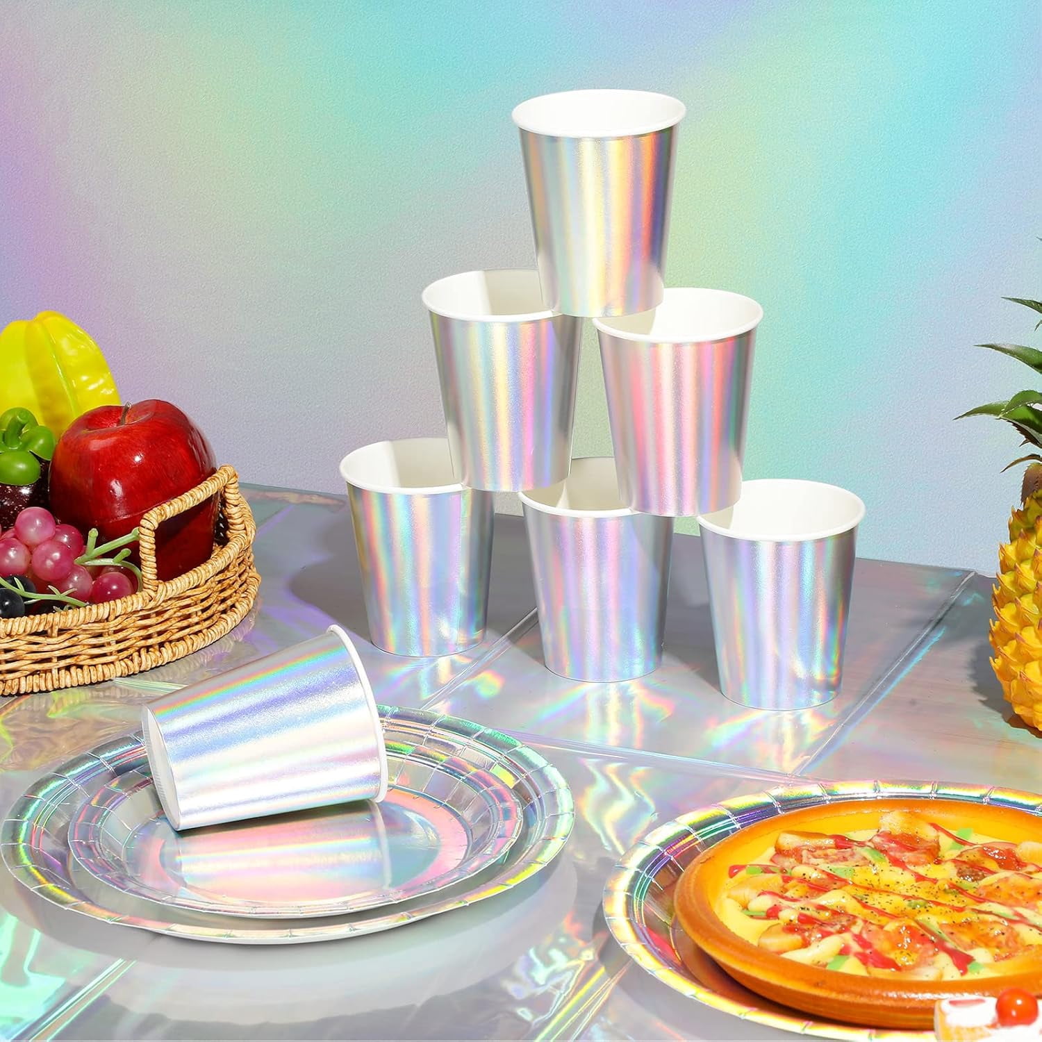 141 Iridescent Party Supplies Decorations, Holographic Paper Plates and Napkins Set, Disposable Tablecloth Set for Mermaid Disco Birthday Wedding Anniversary Party