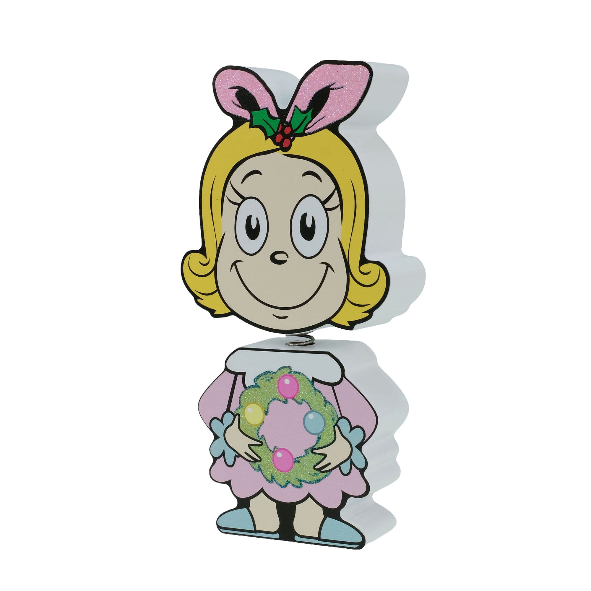 Dr. Seuss Cindy‑Lou Who Wooden Bobble Head – Pink Christmas Figurine with Wreath