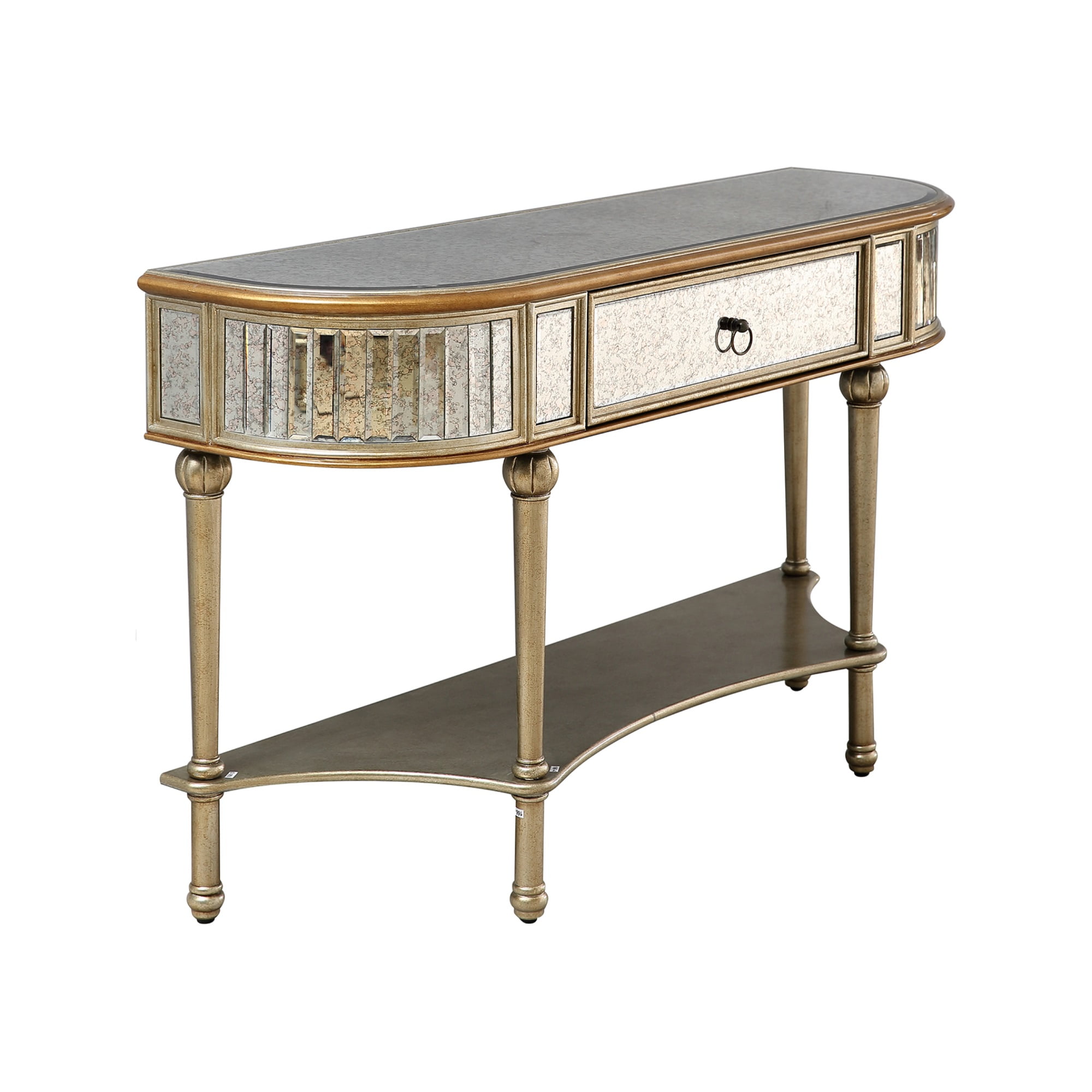 53 in. Antique Gold Half Moon Glass Console Table