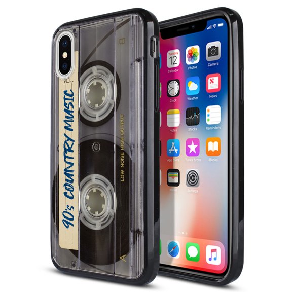 FINCIBO Slim TPU Bumper   Clear Hard Back Cover for Apple iPhone X, Retro Clear Cassette Tape Country Music