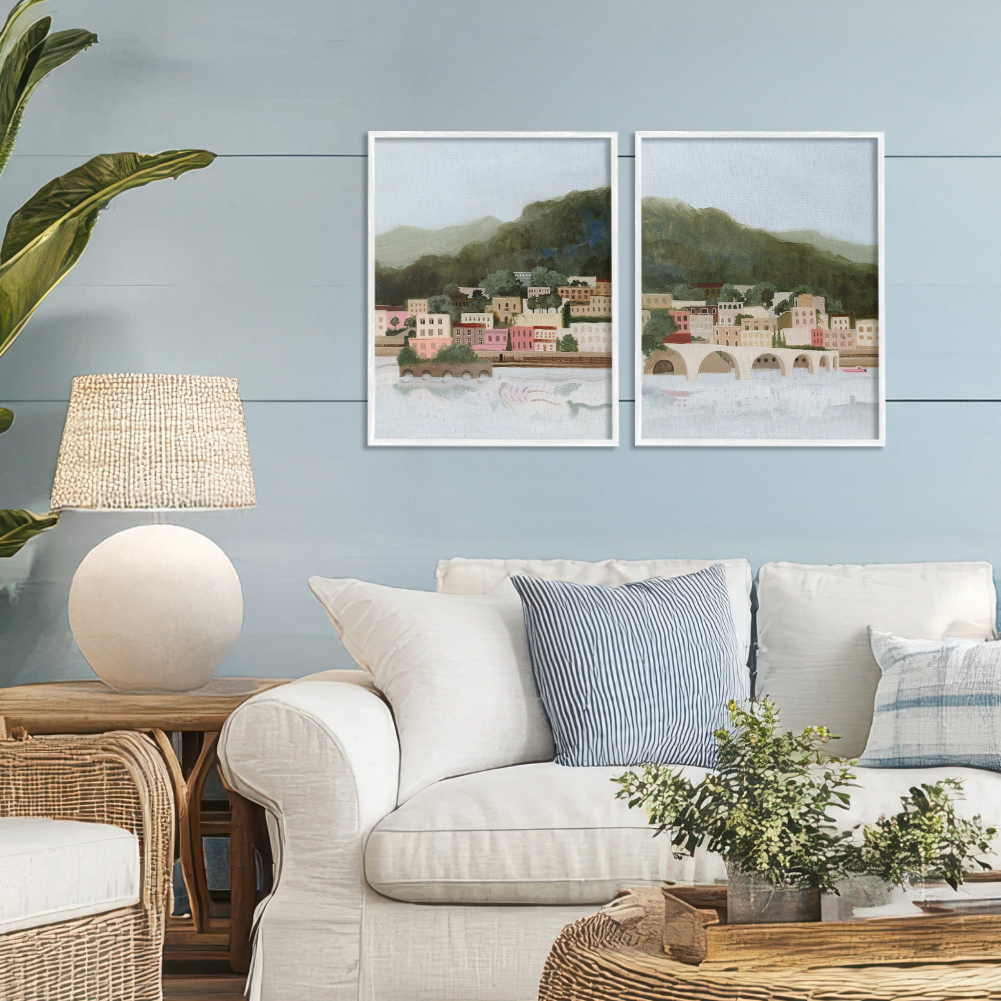 Stupell Industries Mountain Town by Sea 2 Piece White Framed Giclee Art Set, design by Grace Popp