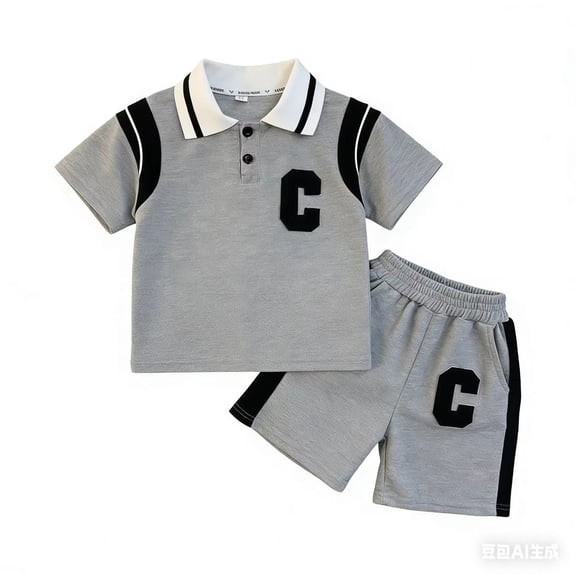 ZHOGXU Summer Boys Short Sleeve Shirt And Shorts With Letter C Printed Button Down Collar Striped Lapel Color Block For And Everyday Wear