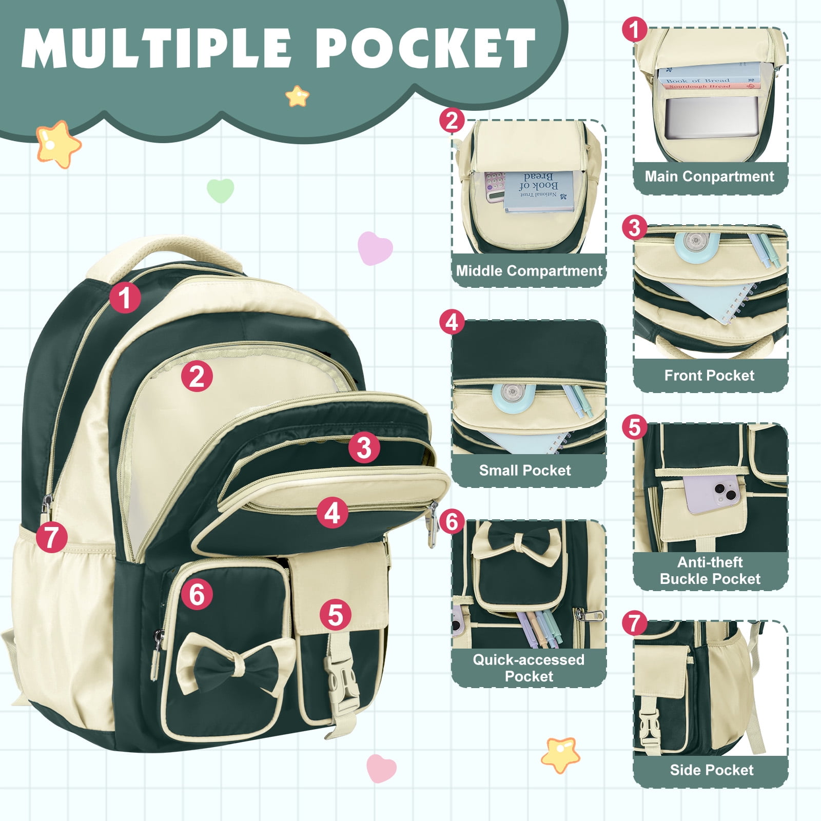 DAKIMOE Kids Backpack School Backpacks for Teens Cute Girlish Middle High School Bookbag Large Capacity Lightweight Waterproof Daypack for College Students