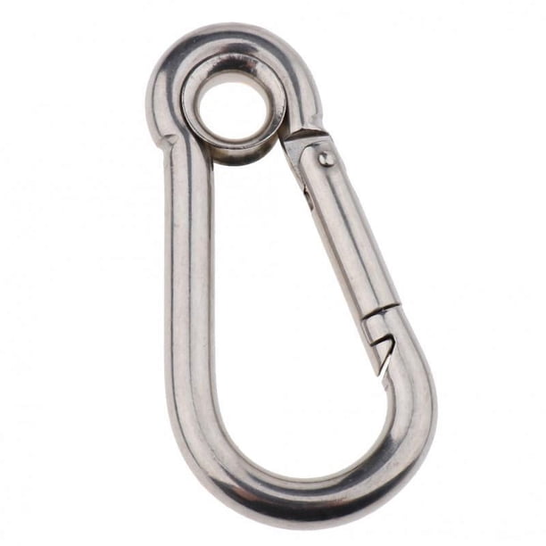 Mosquetón de acero inoxidable con resorte para llavero, ideal para camping y senderismo. 60x30mm