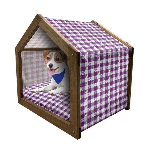 Plaid Pet House, Hearts Ying Yang Pattern Sign of Peace Pax Cultura Theme, Outdoor & Indoor Portable Dog Kennel with Pillow and Cover, 5 Sizes, Magenta Lavender White, by Ambesonne