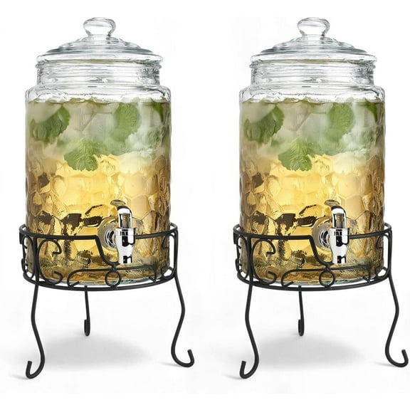 2-Pack Drink Dispenser 1.5-Gallon Hammered Glass Beverage Dispensers with Metal Stand