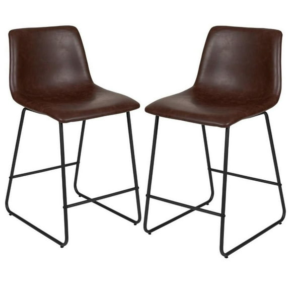 Pemberly Row 24" Leather Upholstered Counter Stool in Dark Brown (Set of 2)