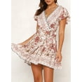 thumbnail image 2 of Vestido corto playero de verano para mujer, cruzado, con escote en V, estampado floral bohemio, con volantes y corte en A, 2 of 7