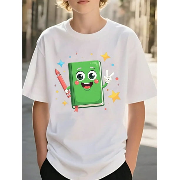 Girls & Boys Book Stars and Crayon Cotton Graphic Tees, Back To School Clothes Girls, Black Fun Summer Shirts With Cartoon Design, Gift For First Day of School, Round Neck Short Sleeve T-Shirt