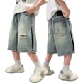 thumbnail image 2 of Boys Ripped Side‑Slit Denim Shorts, Elastic Waist Wide‑Leg Washed Knee‑Length Jean Shorts With Pockets, 2 of 9