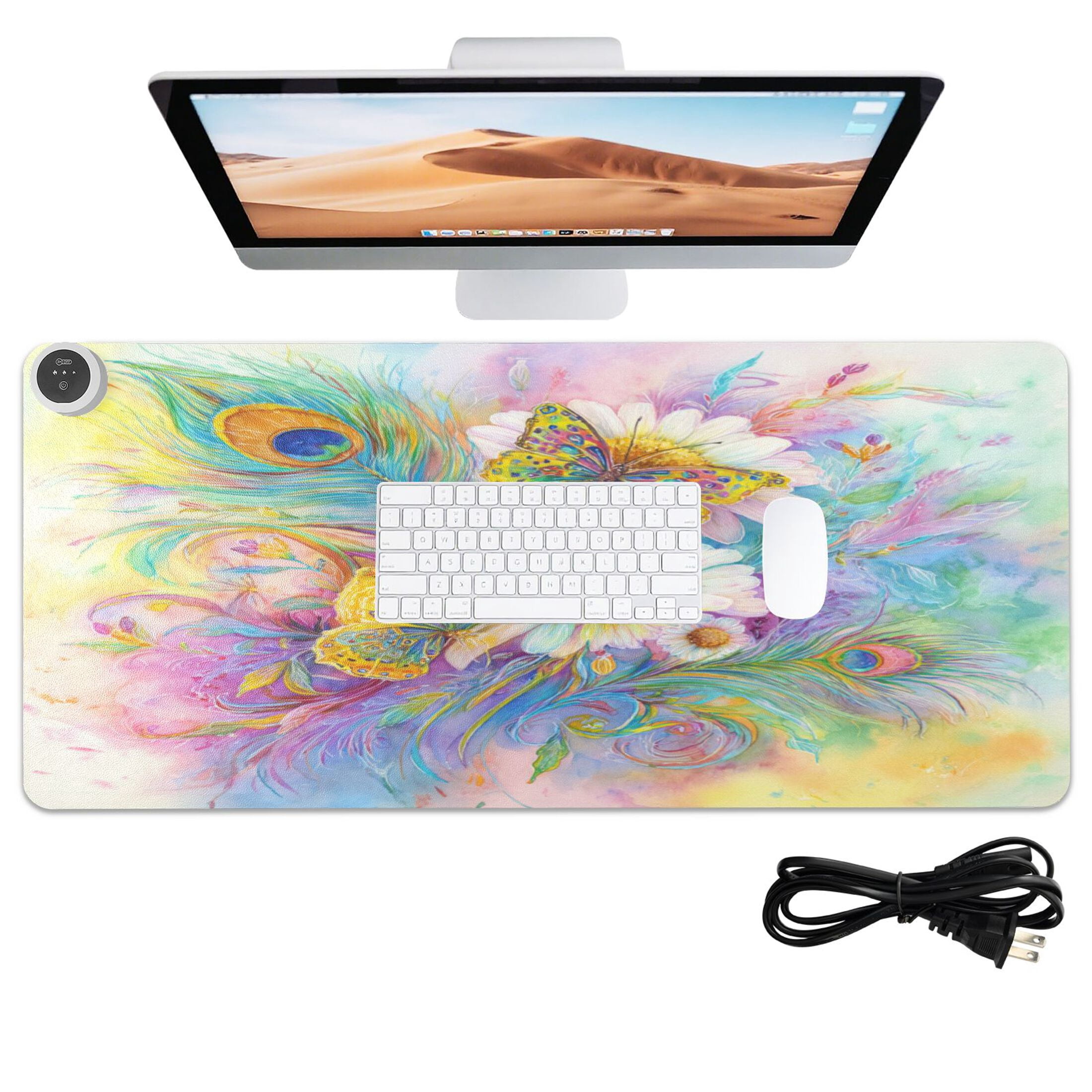 Large Heated Desk Mat Mouse Pad 31.5"x13"PU Leather Graphene Heating Desk Warmer with 3 Temperature Settings 110V US Plug Non-Slip Warm Pad for Home, Office, and Gaming Peacock Feathers Art Pattern