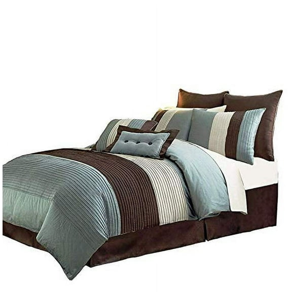Chezmoi Collection 8-Piece Blue Brown Beige Pleated Stripe Comforter Set Full Size Bedding Set