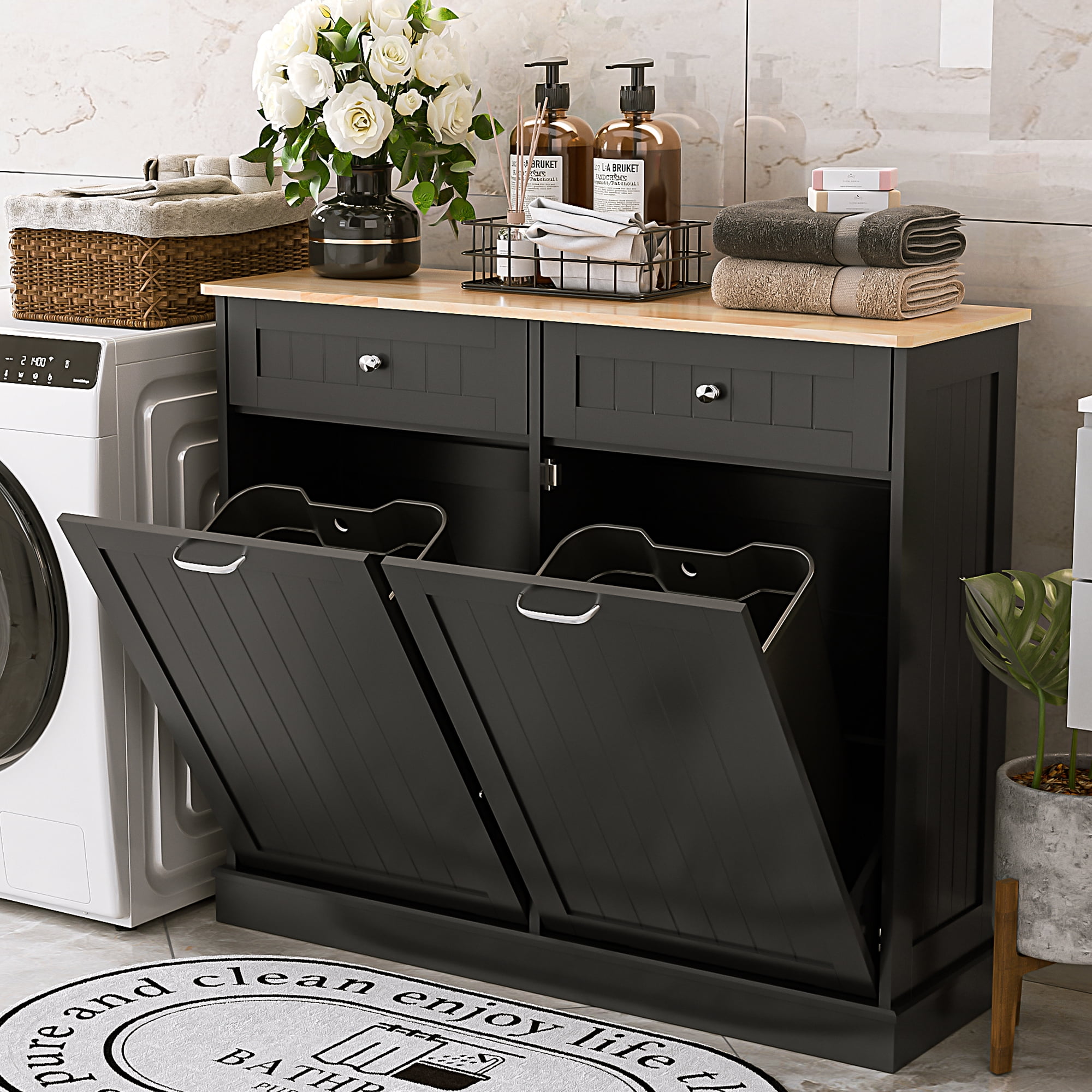 HARIPUL Double Tilt Out Trash Cabinet, 26 Gallon Trash Can Cabinet with Drawers & Handles for Kitchen, Black/Light Brown Top