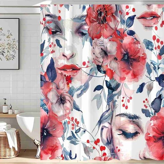 70x70 inch Abstract Watercolor Floral and Face Shower Curtain, Waterproof Polyester Fabric with Hooks for Bathroom Decor