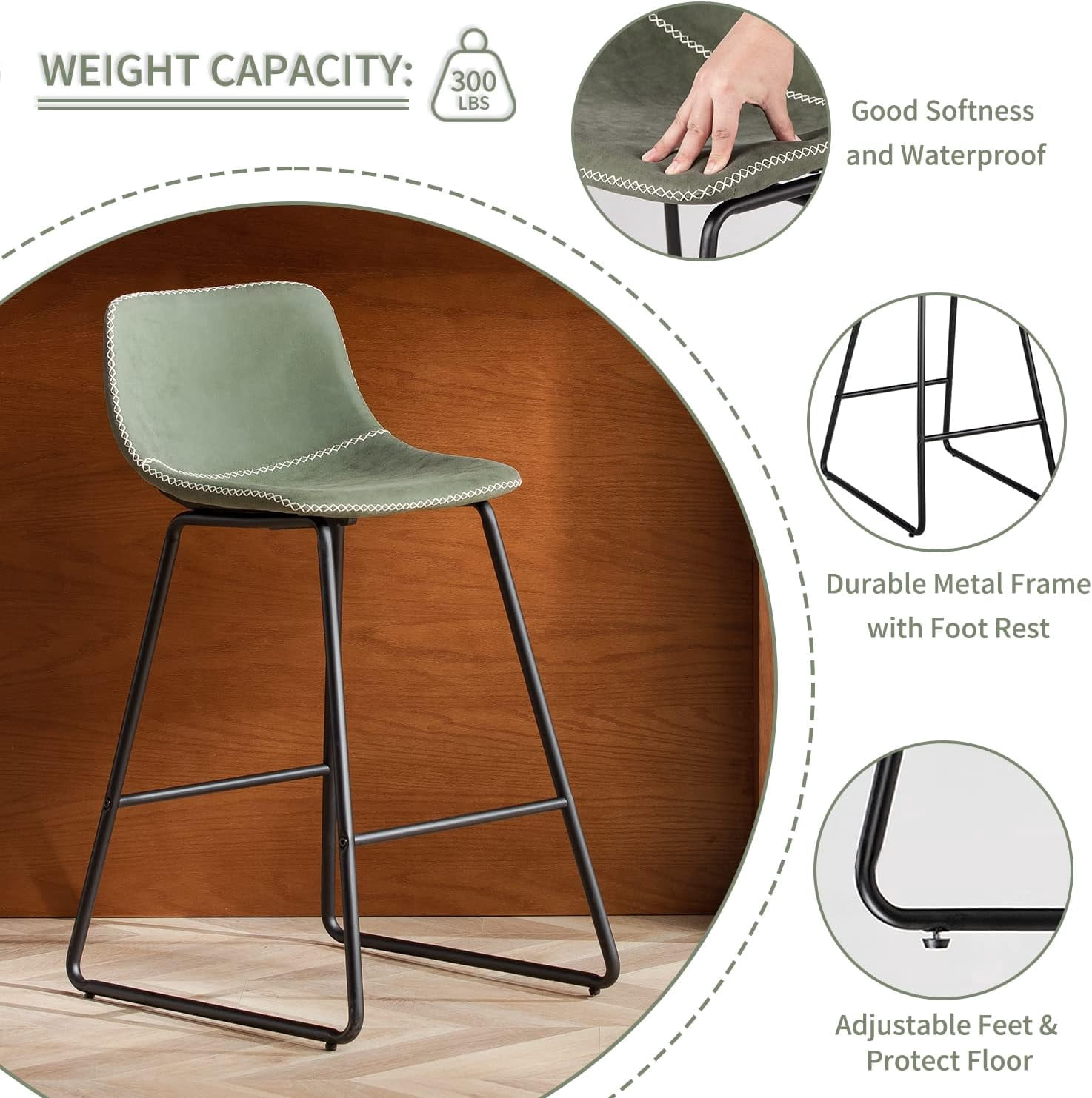 HeuGah Green Bar Stools Set of 3, 26 Inch Barstools with Metal Legs Faux Leather Counter Height Bar Stools for Kitchen Island Modern Bar Seats Chairs with Backrest