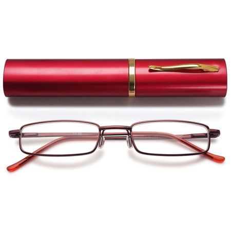 MAGIMODAC Compact Metal Reading Glasses 1.5 Spring Hinge Lightweight Portable Clip with Aluminum Case Readers Eyeglasses Travel Fit for Men and Women