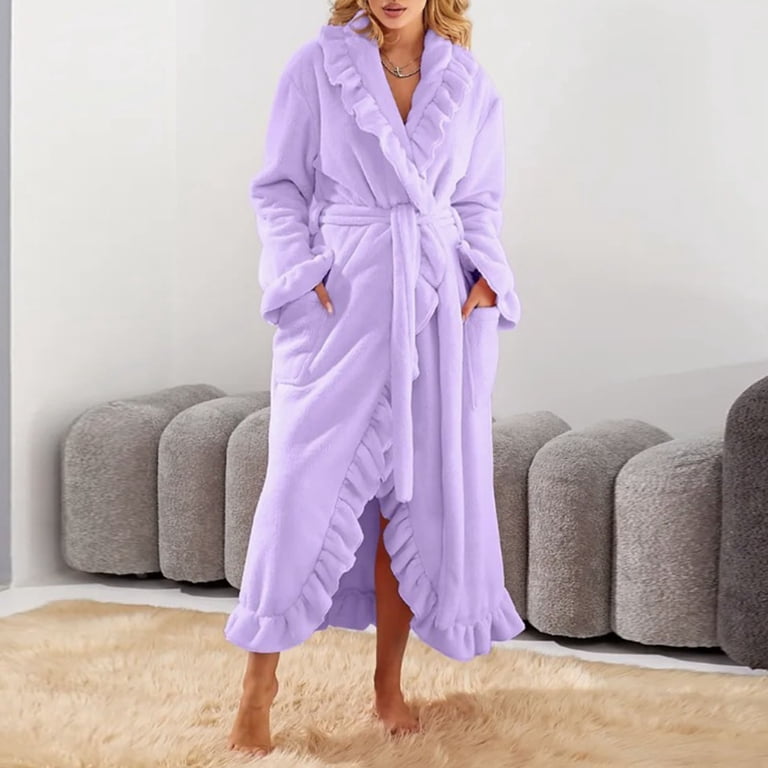 Women's Ruffle Trim Fleece Bathrobe Warm Soft Long Shower Robe Long Sleeve Belted Dressing Gown Loungewear