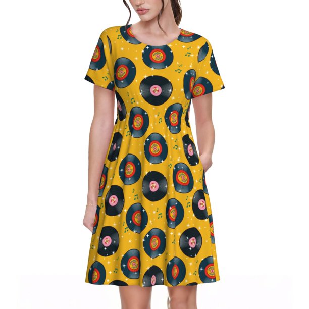 Easygdp Retro Vinyl Records para Vestido Transpirable de Mujer, Vestido Suelto de Manga Corta con Pliegues y Bolsillos para el Verano
