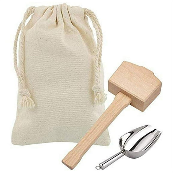 Ice Mallet and Bag - Wood Hammer Cotton Linen for Crushed Ice, Bartender Kit & Bar Tools Kitchen Accessory