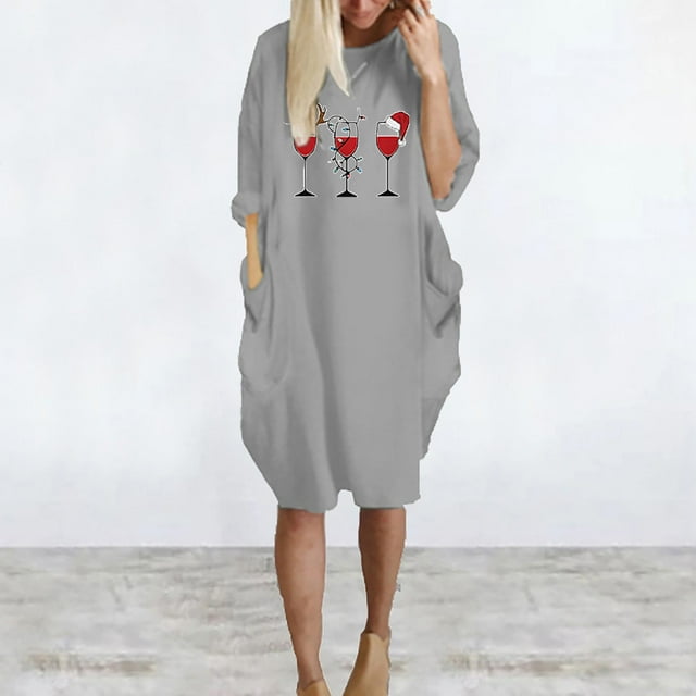 Qiopertar Robe à Manches Longues pour Femmes Col Rond Imprimé Noël Robe Décontractée en Solde à Moins de 5$ en Solde