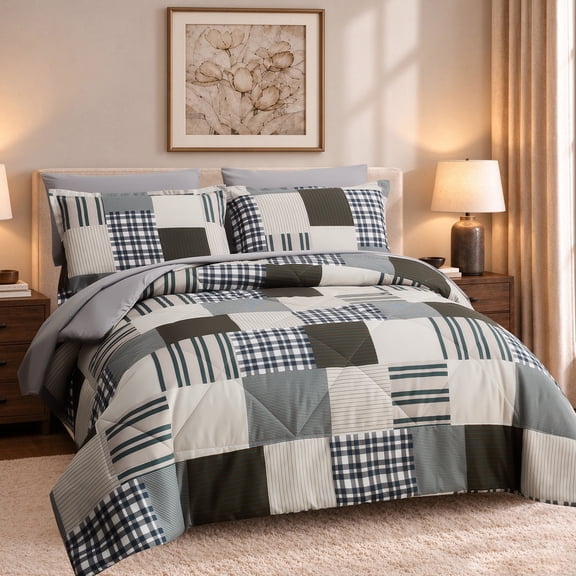 Beartech Queen Size 7 Piece Bed in a Bag, Plaid Patchwork Comforter Set with Solid Bed Sheets, Soft Winter Bedding Set for Bedroom Decor,Coffee Blue
