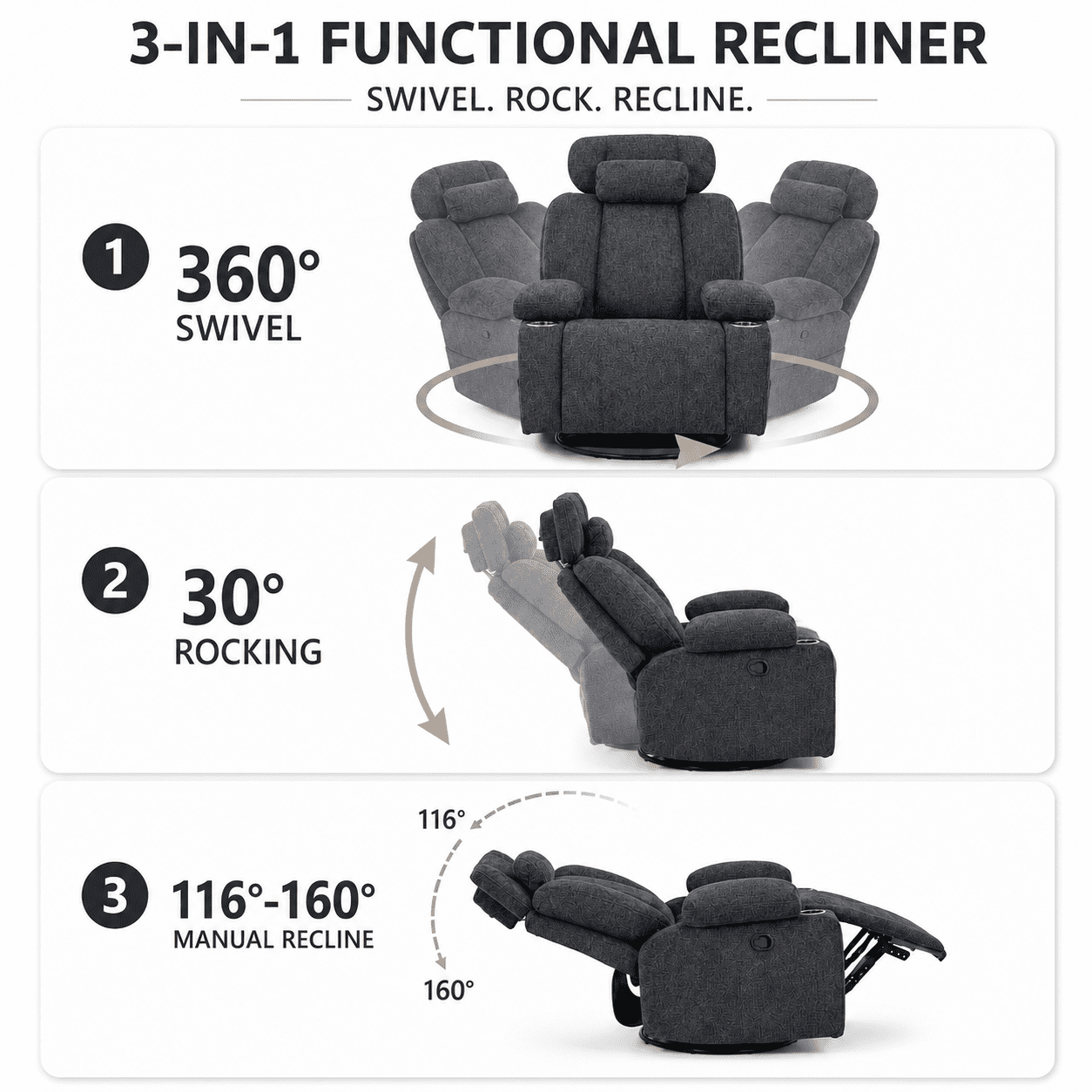 TiramisuBest Swivel Rocking Recliner Chair with Cup Holders,Big and Tall Manual Chenille Lounge Chair for Living Room,Dark Gray