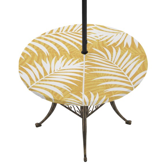 Round Outdoor Tablecloth with Umbrella Hole and Zipper, Palm Leaves Yellow Tablecloth with Elastic Waterproof, Summer Botanical Coastal Tropical Patio Table Covers for 36" - 44" Picnic Pool Tables