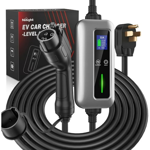 Nilight EV Charger Level 2, 32 Amp 240V, 25ft Cable SAE J1772 Portable Electric Car Charger with NEMA 14-50P Plug, Adjustable Current/Delay Timer
