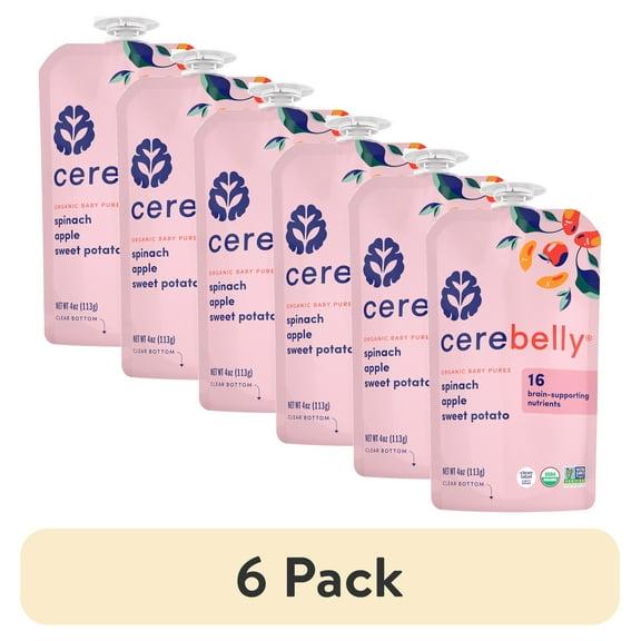 (6 pack) Cerebelly Organic Stage 2 Spinach Apple Sweet Potato Baby Food, 4 oz Puree