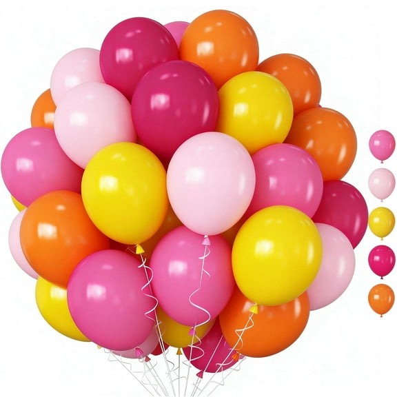 60Pcs 12inch Pink and Orange Balloons Set, Light Pink Hot Pink Yellow Autumn Latex Balloons for Fall Birthday Thanksgiving Tropical Fire Truck Party Decorations