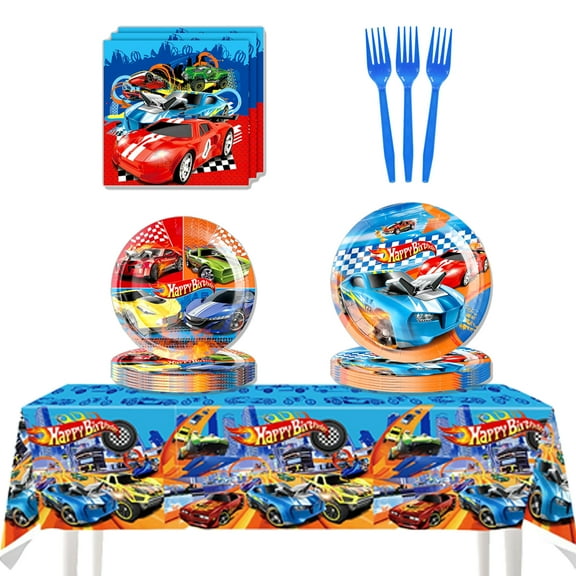 JMOCD 51Pcs Red Racing Cars Party Tableware Set, Birthday Party Supplies Decorations Set, tablecloth,Plates, Napkins,Cutlery,10 Guests