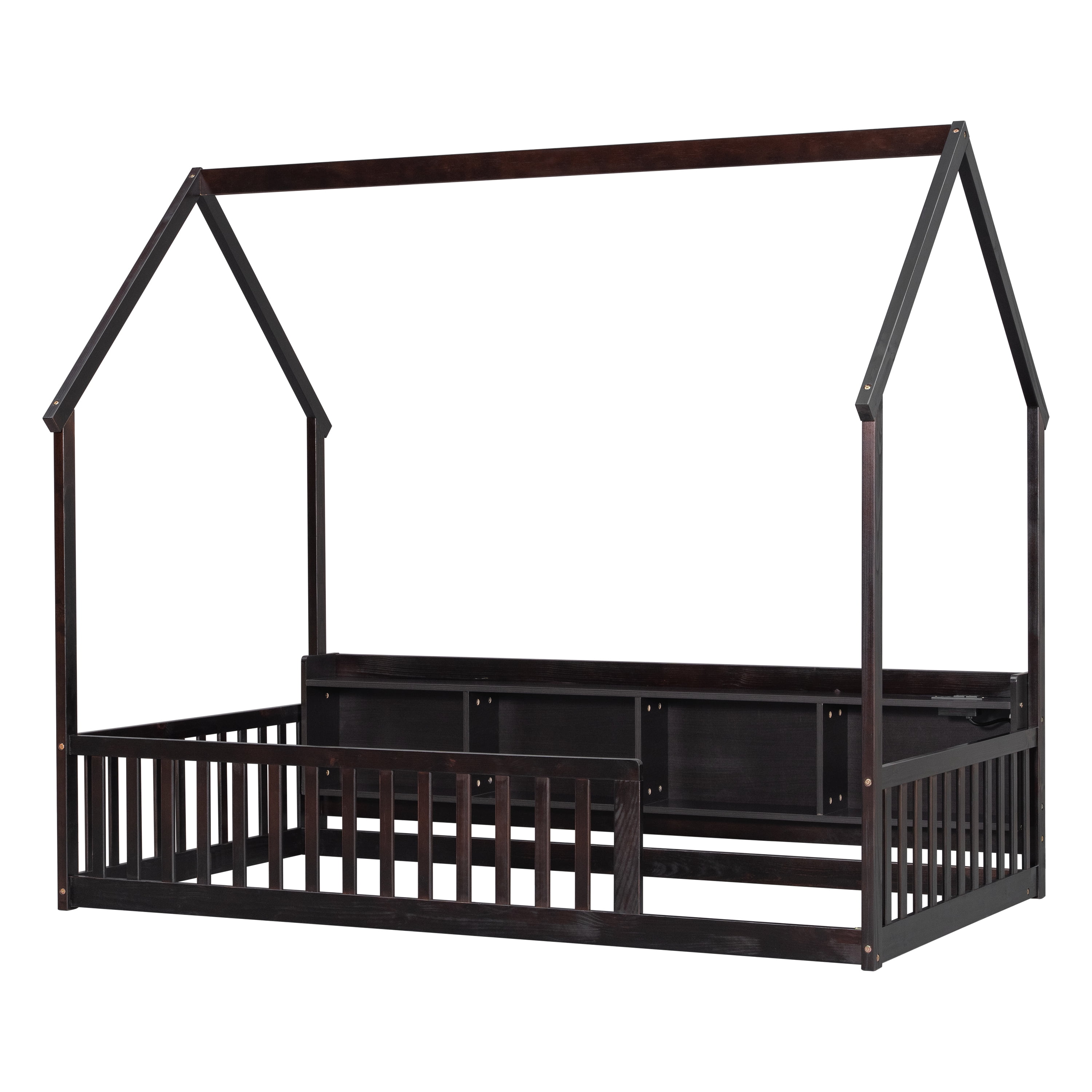 Floor Bed with House Design and Storage Shelves, Twin Pine Wood Platform Bed and Charging Station Bed Frame with LED Lights and Guardrails, Espresso