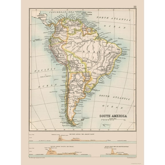 Historic Map - South America Elevation - Bartholomew 1892 - Vintage Wall Art